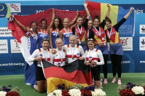 The podium of the JW4x at the 2011 Junior World Rowing Champions